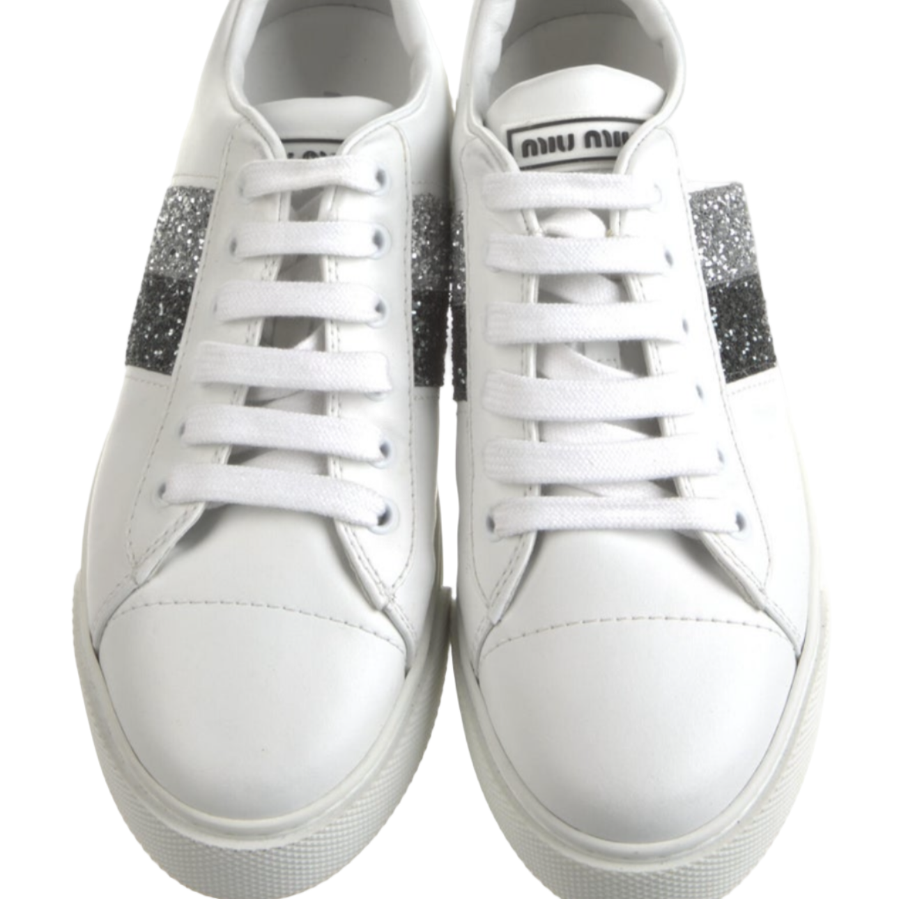 Miu Miu white sneakers with glitter accents on a platform, displayed on a smartphone screen.