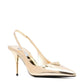 Gold high-heeled slingback shoe on a white background