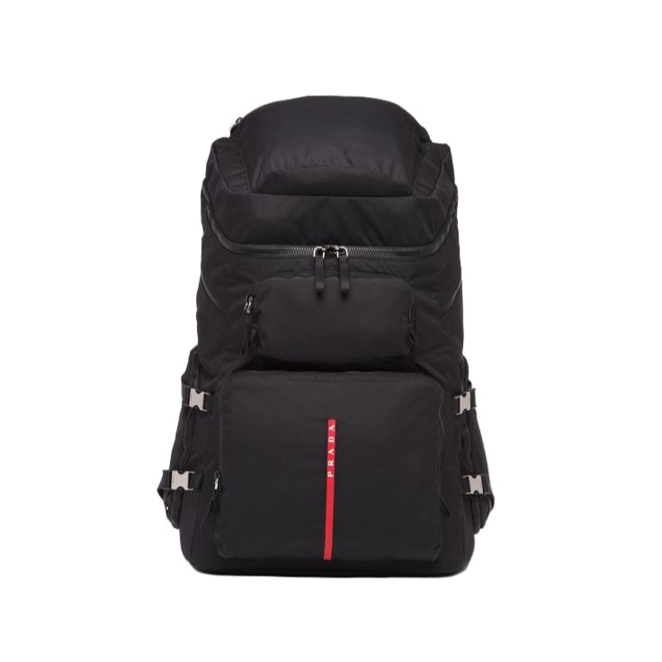 Black backpack with a red stripe on a white background