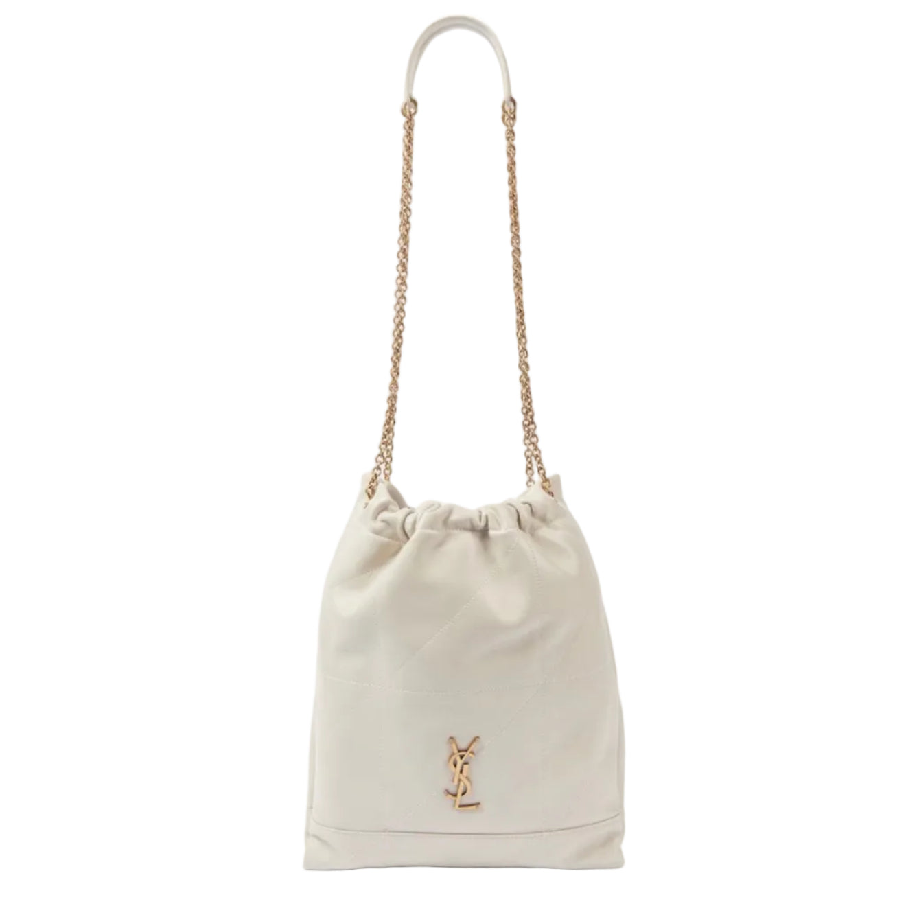 Beige drawstring bag with gold chain strap on a white background