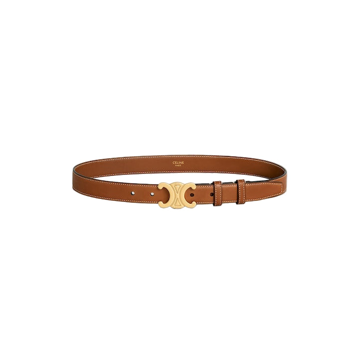 Brown belt with gold buckle on a light gray background