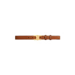 Brown Celine leather belt with gold buckle on a light gray background