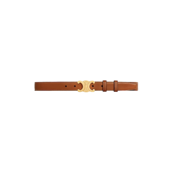 Brown Celine leather belt with gold buckle on a light gray background