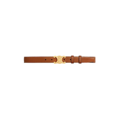Brown Celine leather belt with gold buckle on a light gray background