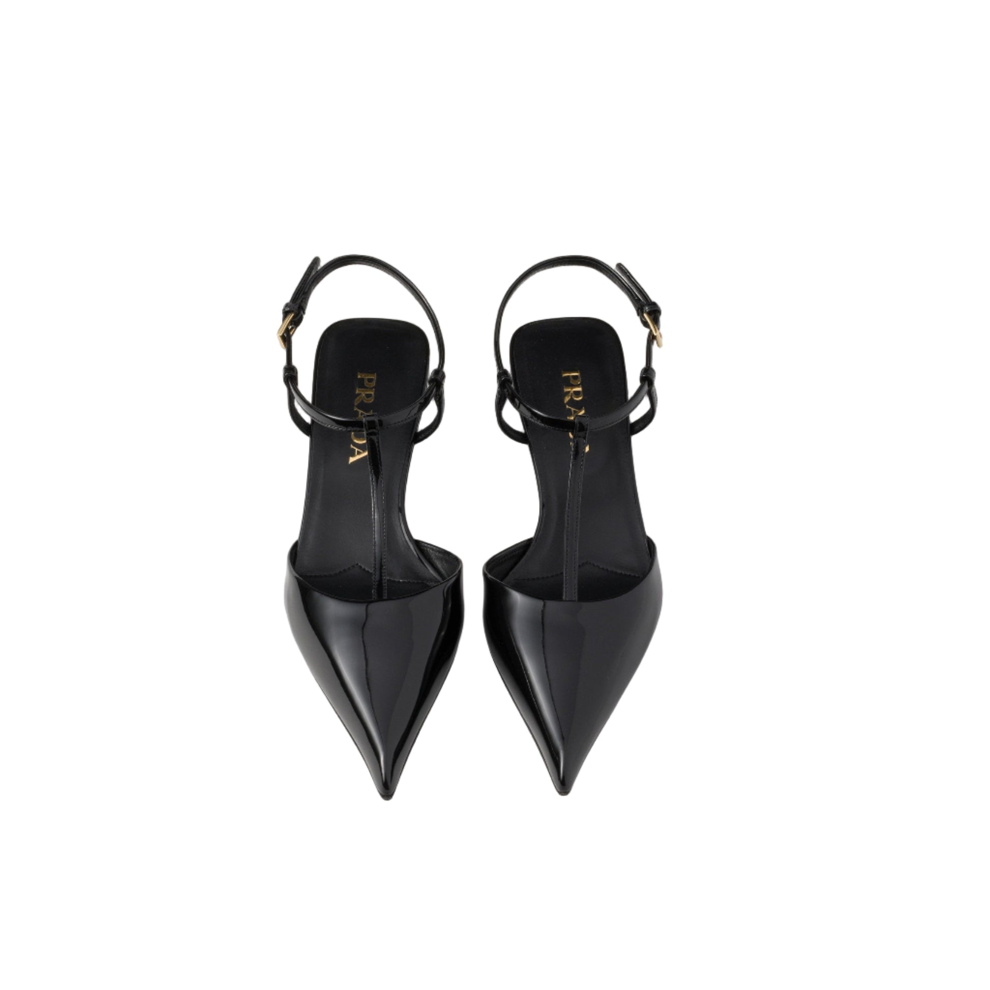 Pair of black high-heeled shoes with a brand logo on a white background