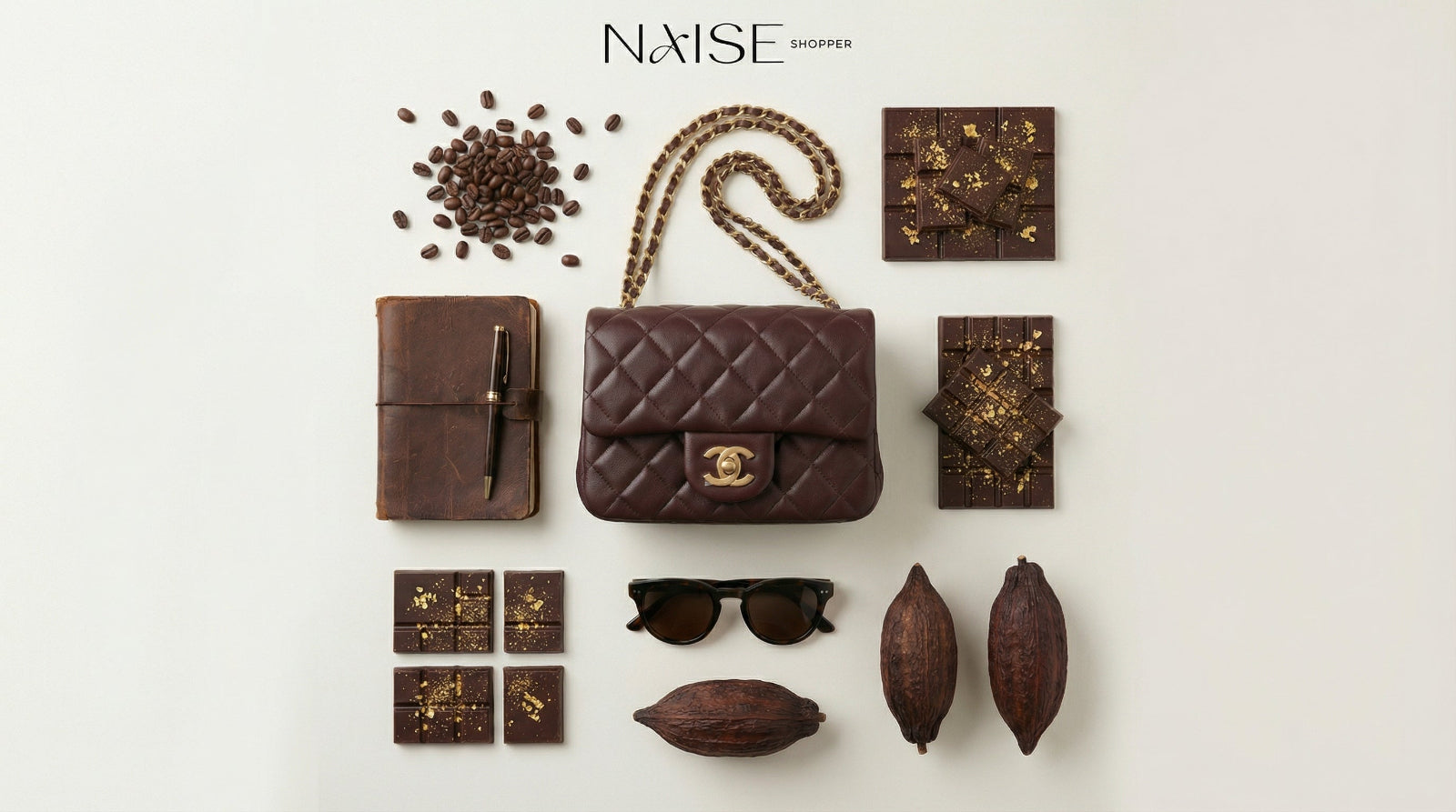 Collection of brown leather products including a handbag, sunglasses, and wallets on a light background with 'NAISE' branding.