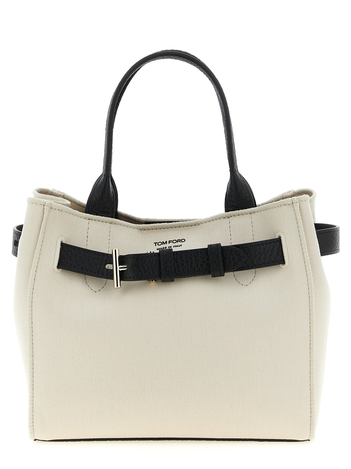 Tom Ford Small Audrey Shopping Bag in cream canvas with black hammered leather straps and T-buckle detail, double handles and removable shoulder strap