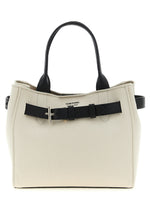 Tom Ford Small Audrey Shopping Bag in cream canvas with black hammered leather straps and T-buckle detail, double handles and removable shoulder strap