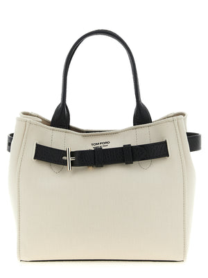 Tom Ford Small Audrey Shopping Bag in cream canvas with black hammered leather straps and T-buckle detail, double handles and removable shoulder strap