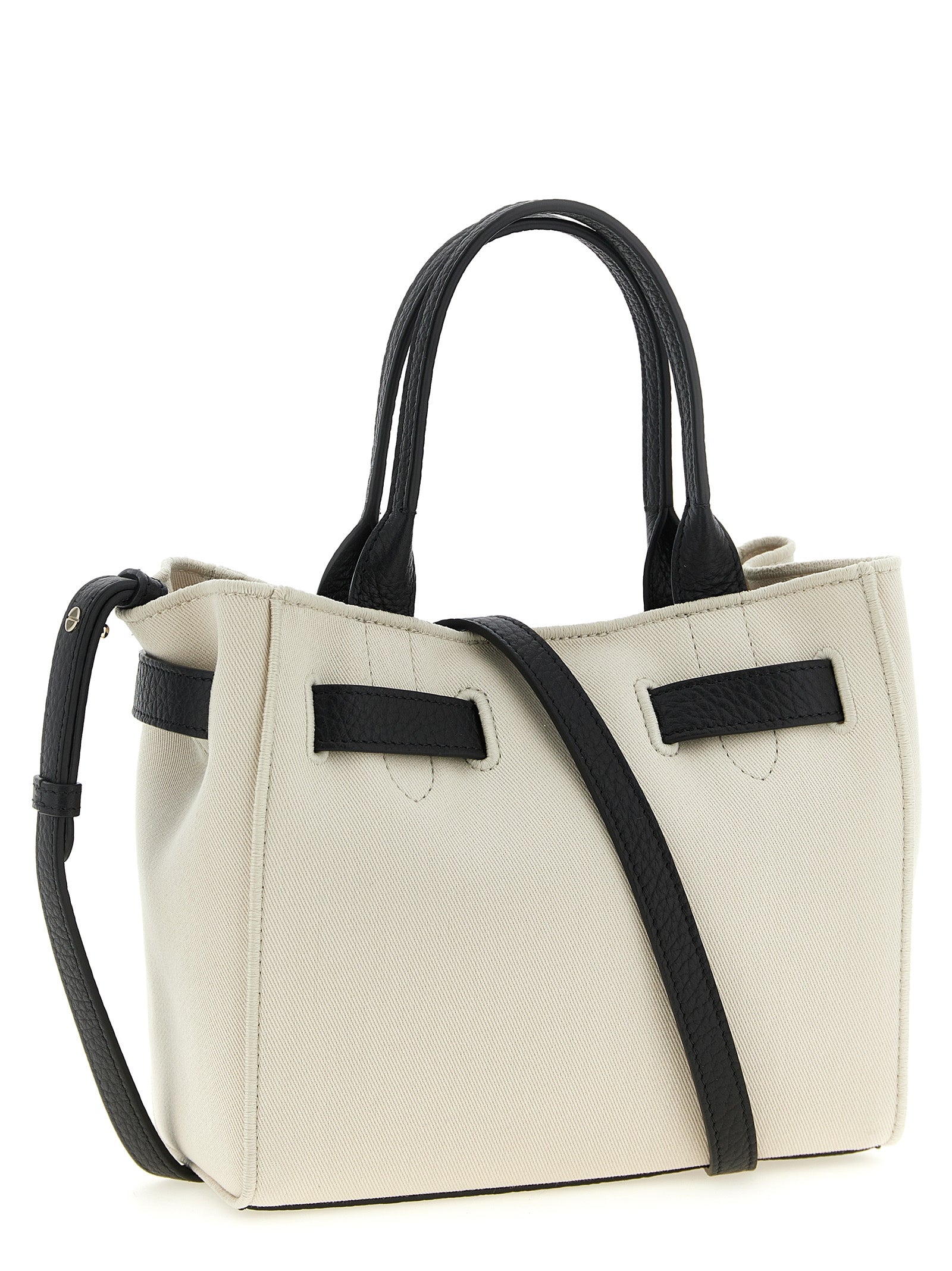 Tom Ford Small Audrey Shopping Bag beige canvas with black hammered leather handles and adjustable shoulder strap, W22xH20xD10cm