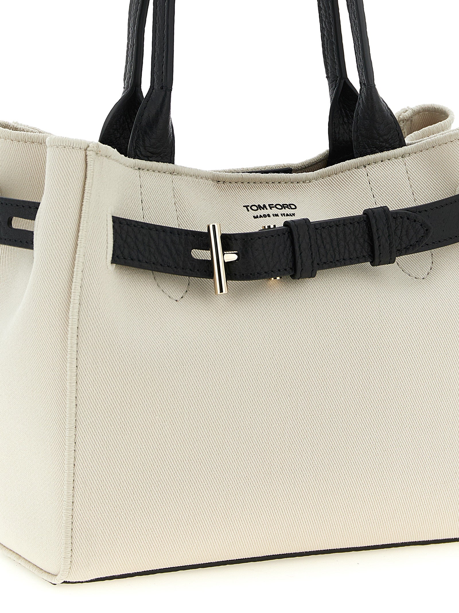 Tom Ford Small Audrey Shopping Bag cream canvas with black hammered leather t-buckle strap and double handles, W22×H20×D10cm