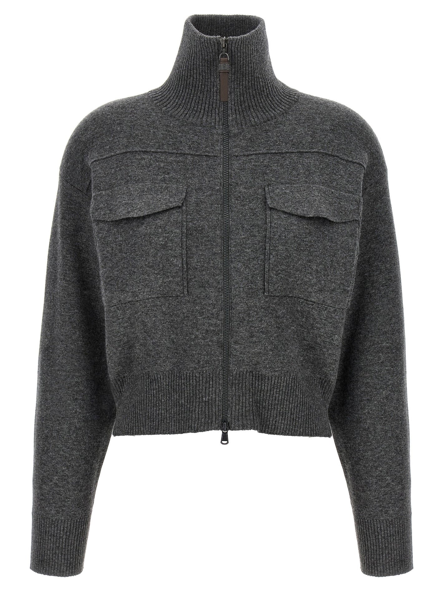 Brunello Cucinelli Shiny Zipper Pull Wool Cardigan