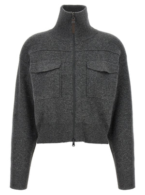 Brunello Cucinelli Shiny Zipper Pull Wool Cardigan