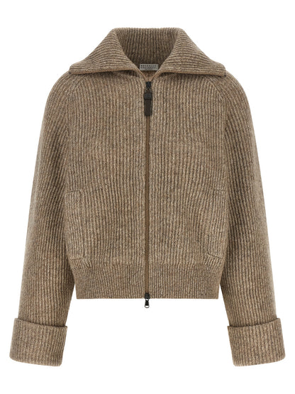 Brunello Cucinelli Shiny Zipper Pull Cardigan