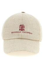 Brunello Cucinelli Baseball Hat in beige silk-linen-wool hopsack with front logo embroidery and adjustable leather strap