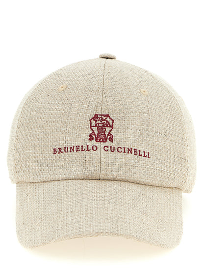 Brunello Cucinelli Baseball Hat in beige silk-linen-wool hopsack with front logo embroidery and adjustable leather strap