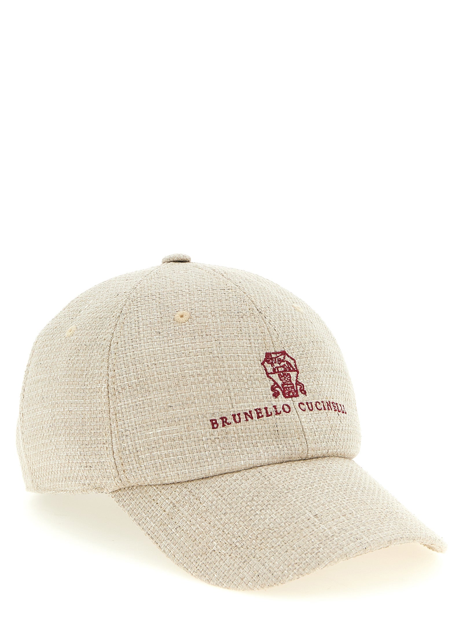 Brunello Cucinelli Baseball Hat beige silk-linen-wool hopsack cap with front logo embroidery and adjustable leather strap
