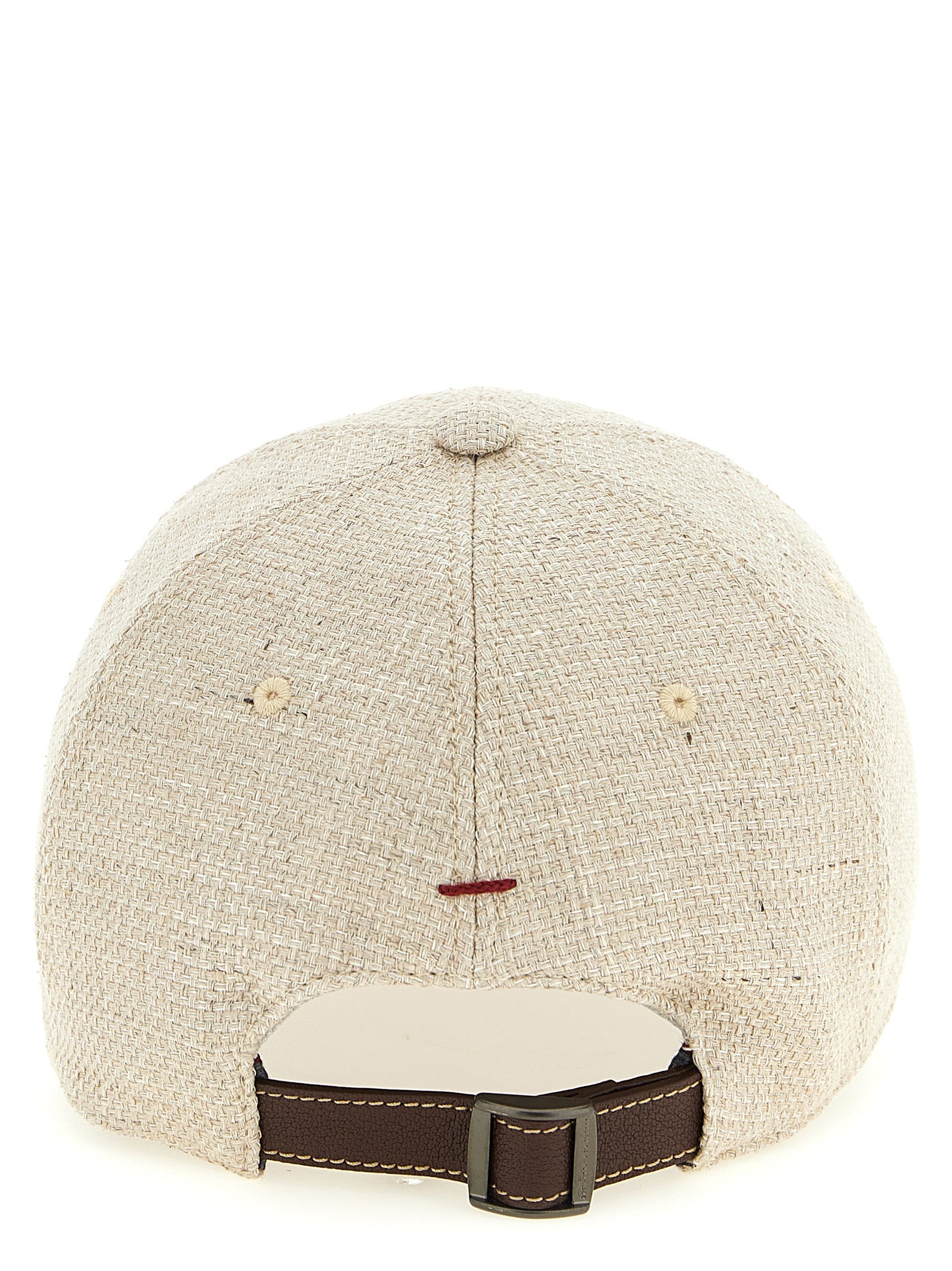 Brunello Cucinelli Baseball Hat in silk linen wool hopsack, back view with adjustable leather strap and embroidered logo