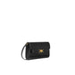 Black handbag with a gold emblem on a white background