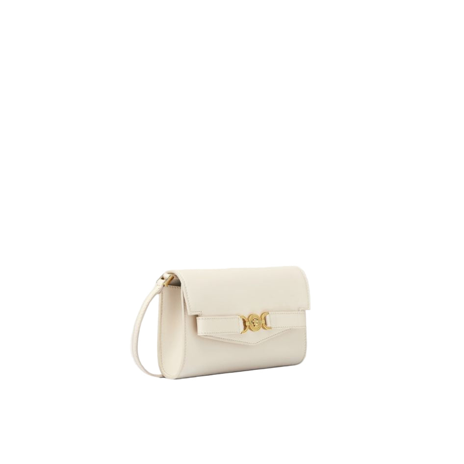 White handbag with gold clasp on a white background