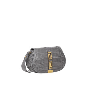 Gray bag with gold accents on a white background