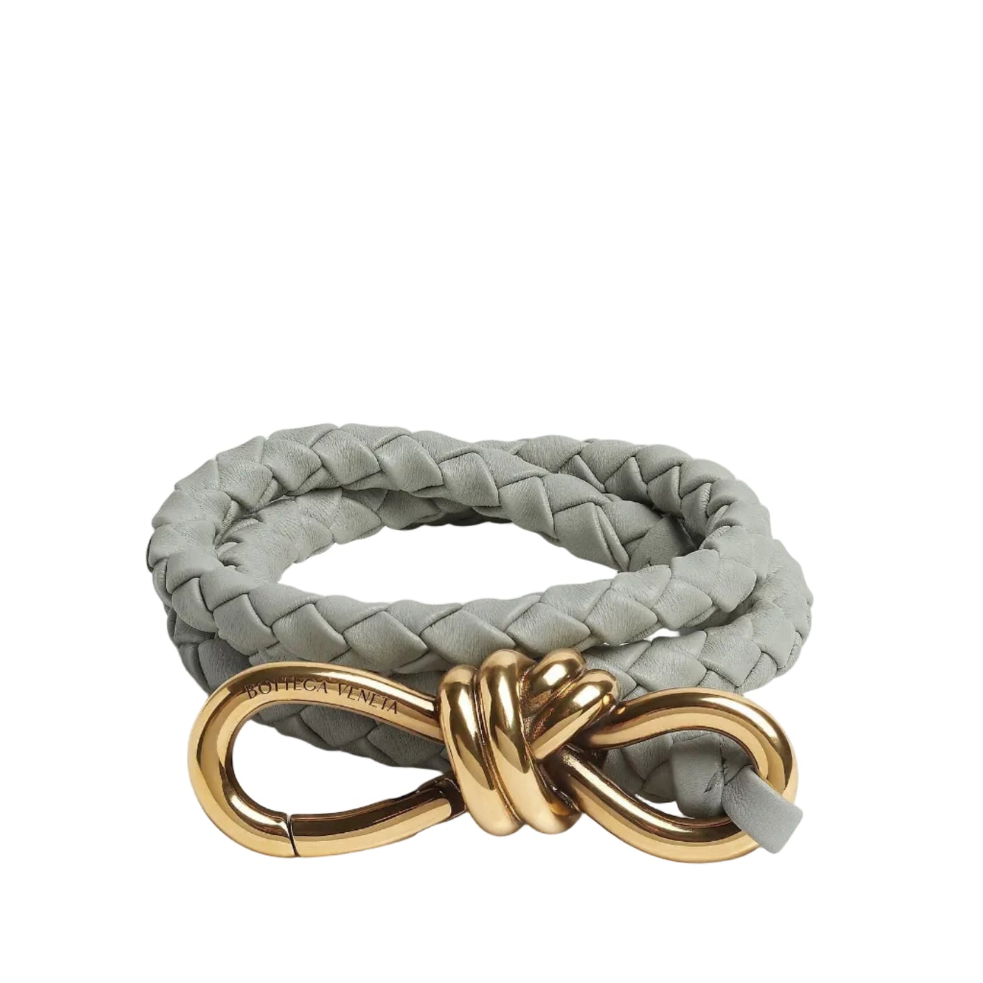 Gray braided leather dog leash with a gold metal clasp on a light gray background