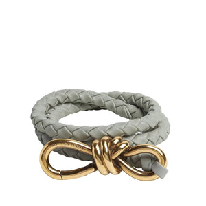 Gray braided leather dog leash with a gold metal clasp on a light gray background