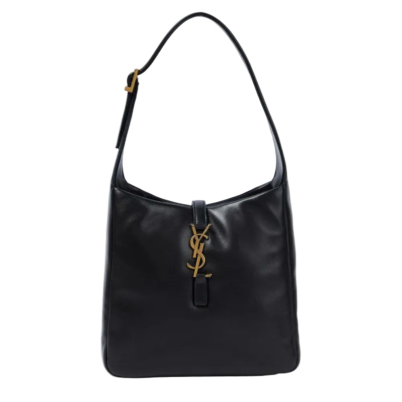 Black handbag with a gold logo on a white background