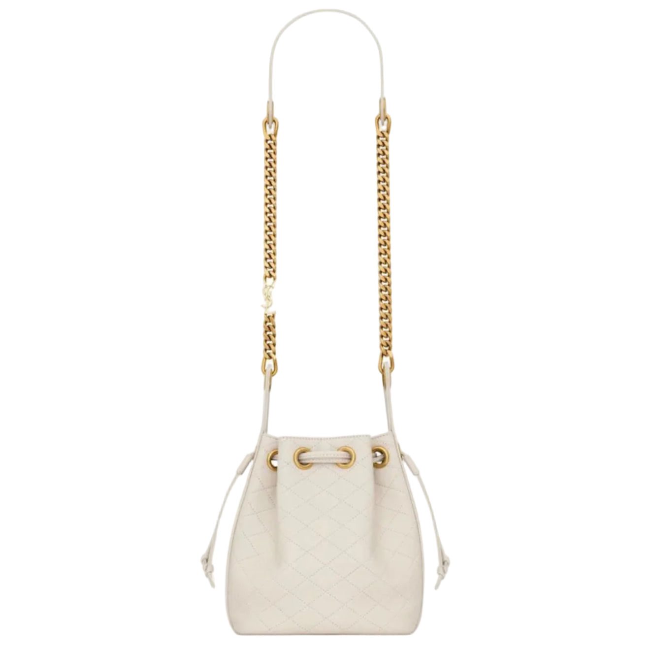 White handbag with gold chain strap on a white background