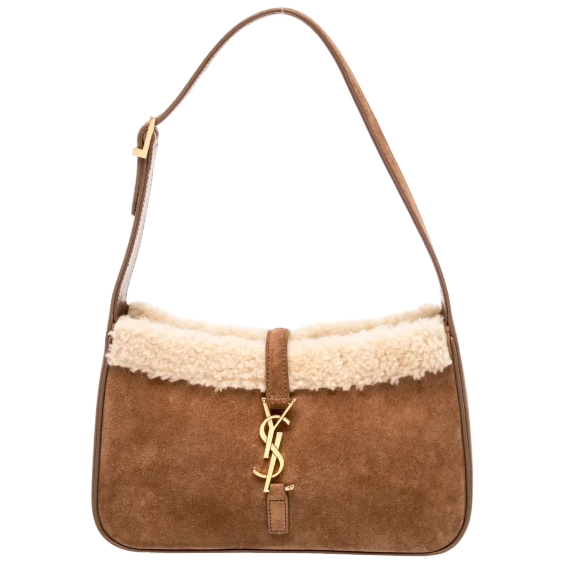 Brown handbag with shearling trim and Yves Saint Laurent logo on a white background