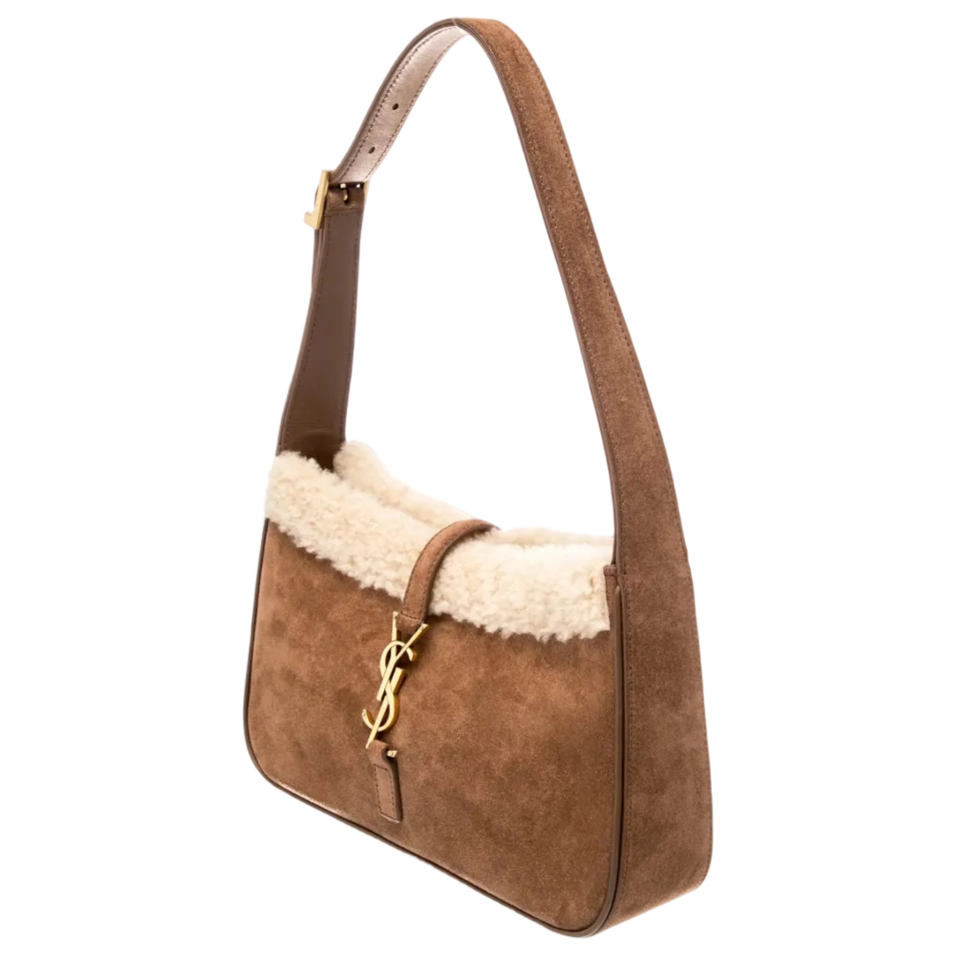 Brown handbag with shearling interior and Yves Saint Laurent logo on a white background