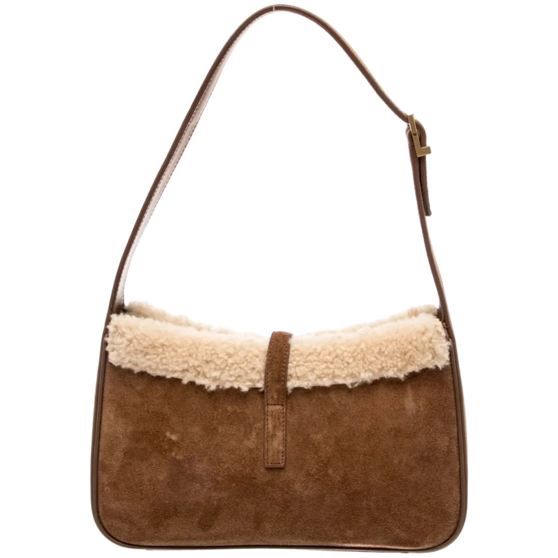 Brown suede handbag with beige shearling lining on a white background