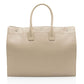 Beige handbag with silver hardware on a white background