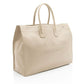 Beige handbag with 'Rive Gauche Saint Laurent' branding on a white background