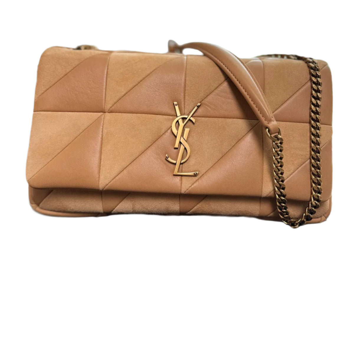 Tan quilted handbag with gold chain strap on a black Saint Laurent surface