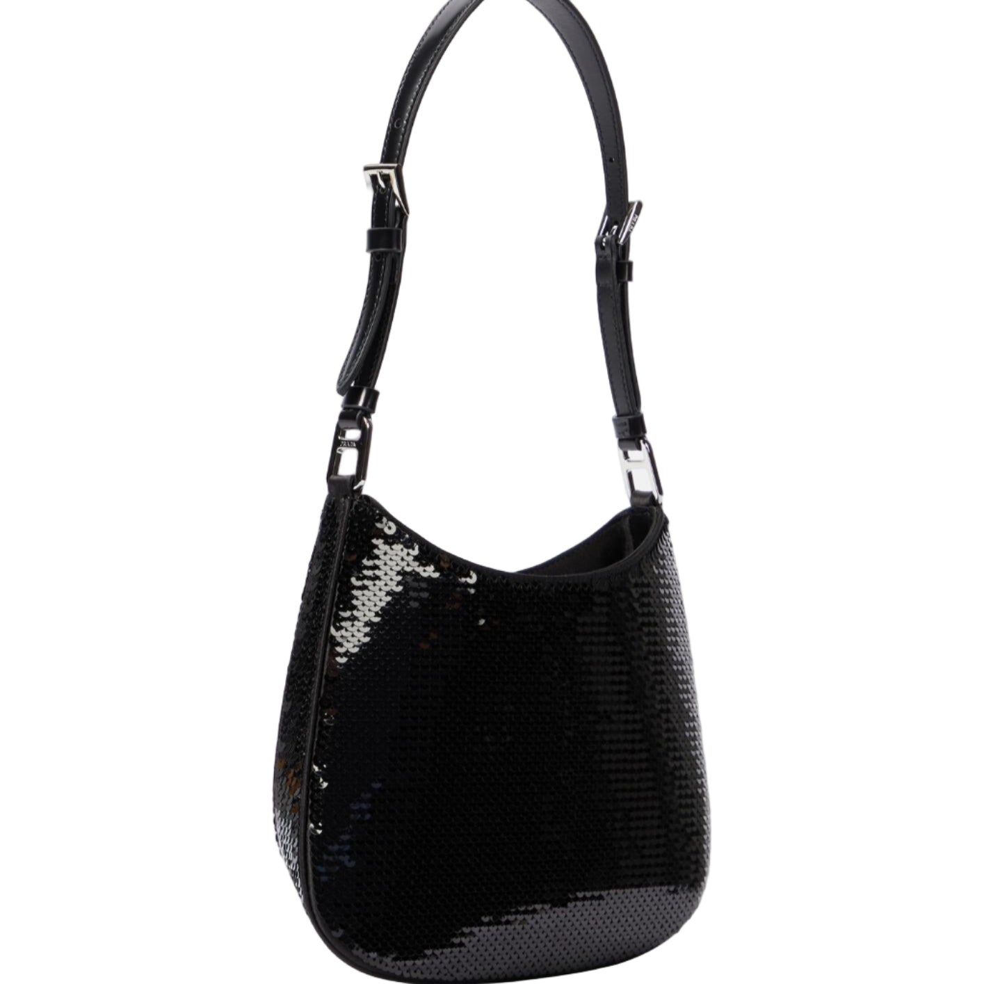 Black sequin handbag on a light gray background