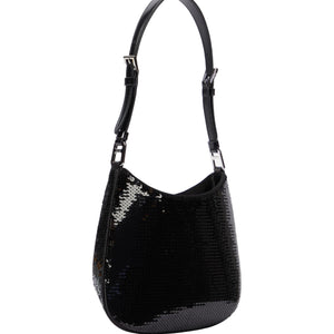Black sequin handbag on a light gray background