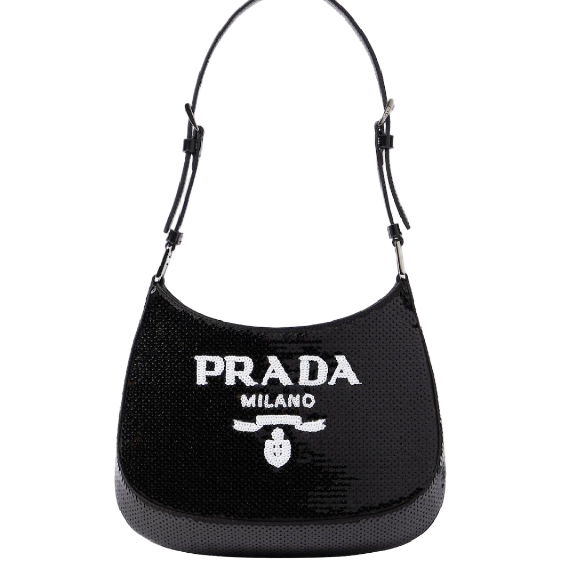 Black Prada handbag with white logo on a light gray background