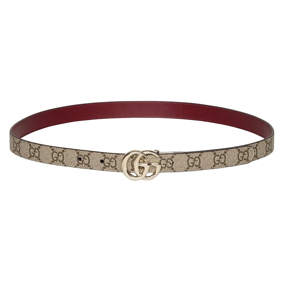 Designer belt with brand logo on a light gray background