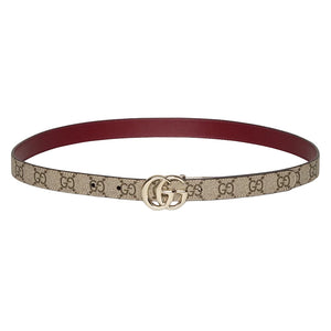 Designer belt with brand logo on a light gray background