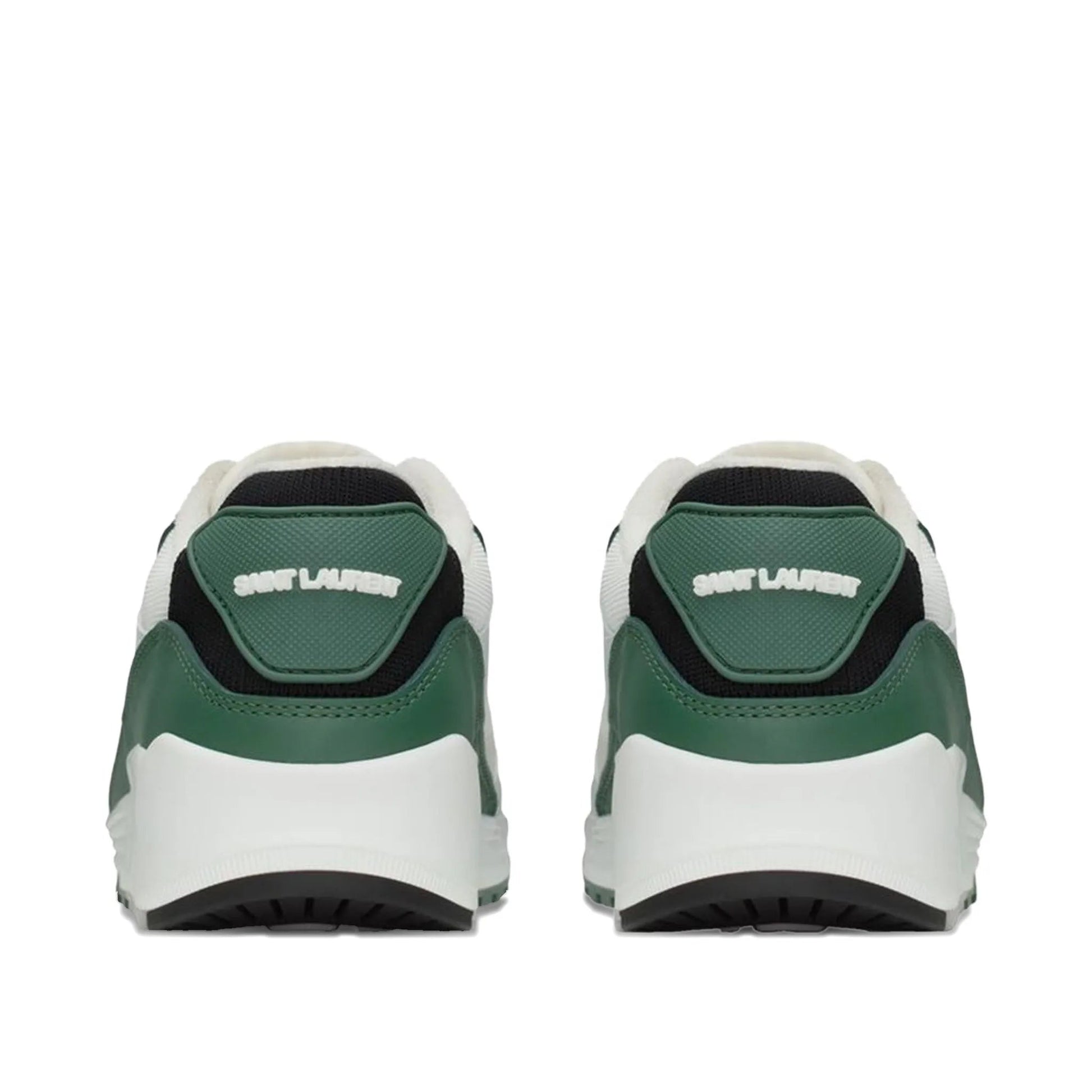 Green and white sneakers with brand logo on a white background
