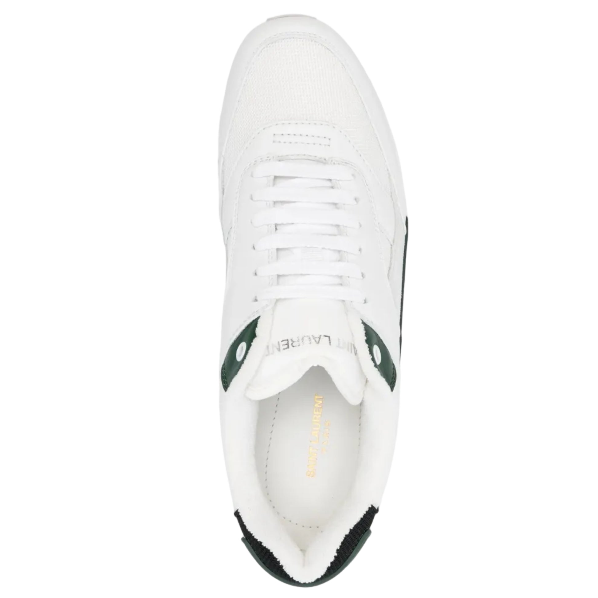 White sneaker with green accents on a white background