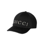 Black Gucci embroidered wool baseball hat on a white background