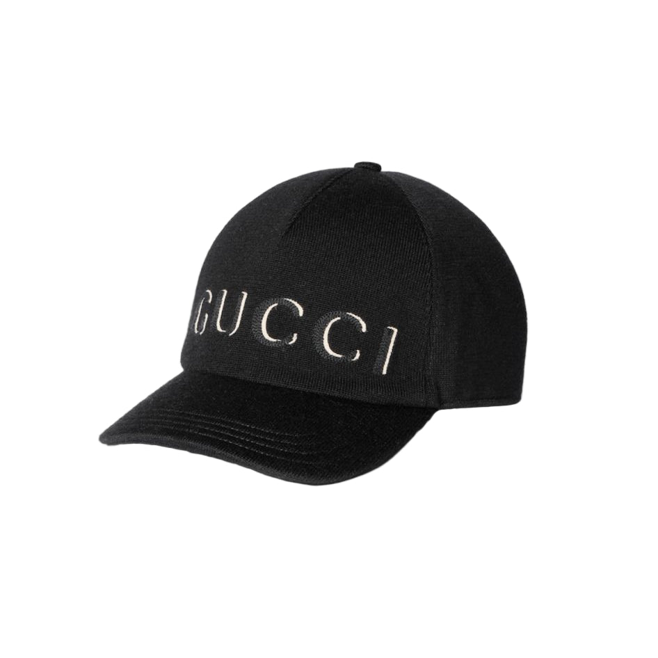 Black Gucci embroidered wool baseball hat on a white background