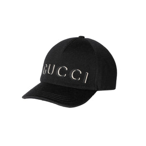 Black Gucci embroidered wool baseball hat on a white background