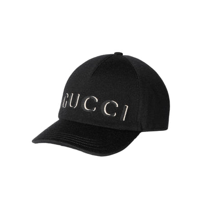 Black Gucci embroidered wool baseball hat on a white background