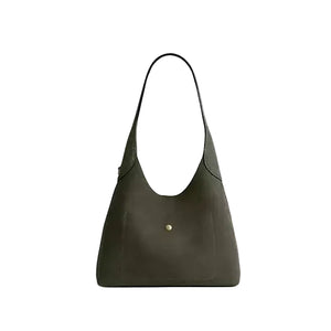 Dark green handbag on a light gray background