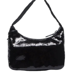 Black sequin handbag on a white background
