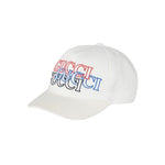 White baseball cap with Gucci embroidery on a gray background