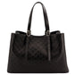 Black quilted handbag on a white background